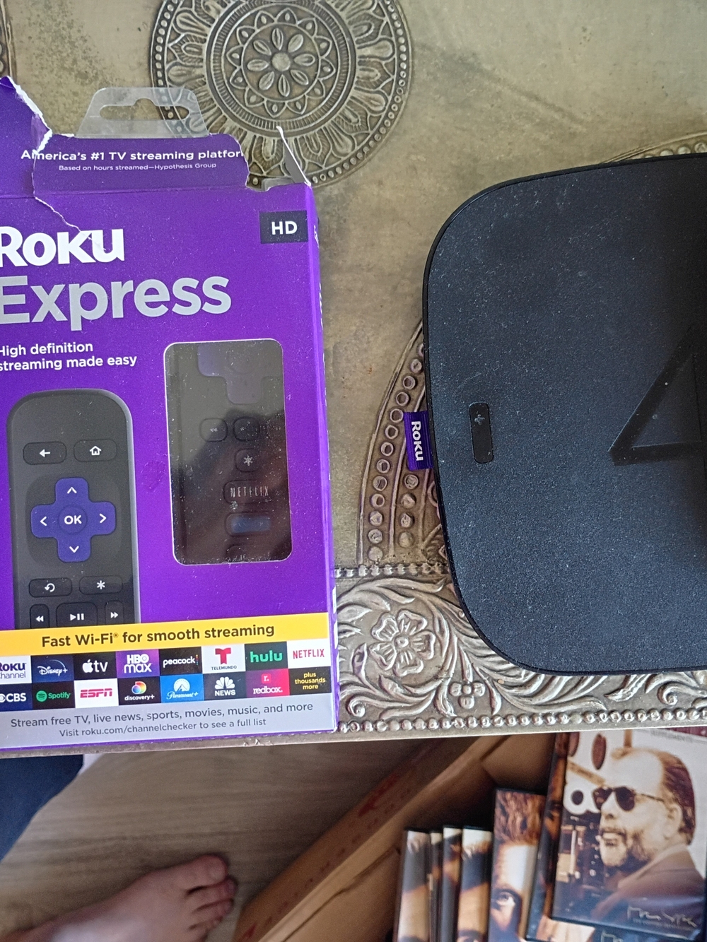 Roku Express Streaming Player with Purple Accents and Black Hub